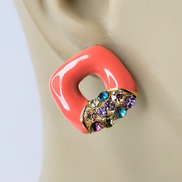 Coral Square Earrings With Colorful Crystals - Picture 1 of 7